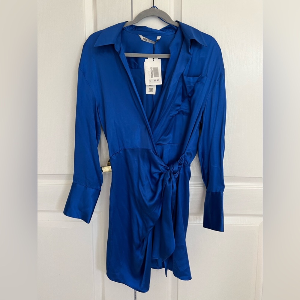 ZARA new with tags dark blue satin wrap dress